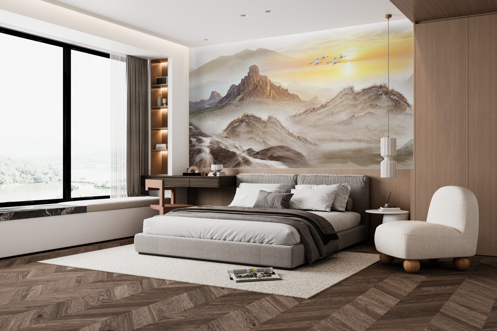 Papier peint coucher de soleil sous les montagnes en passant avec les grues