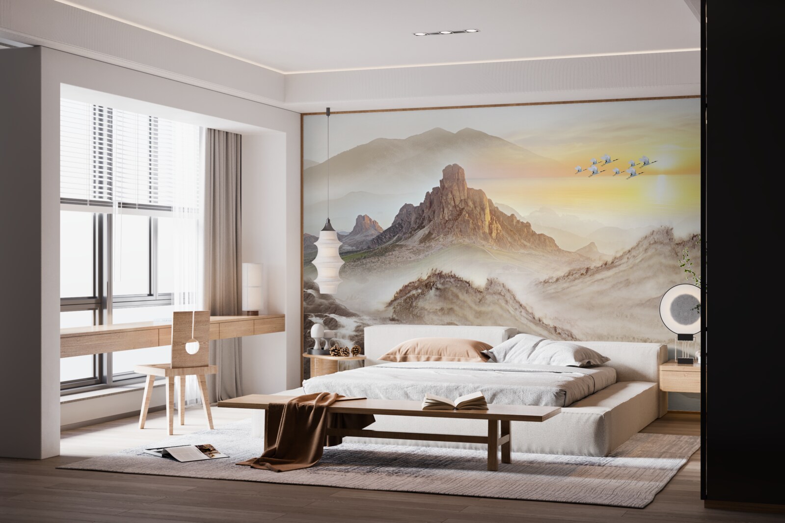 Papier peint coucher de soleil sous les montagnes en passant avec les grues