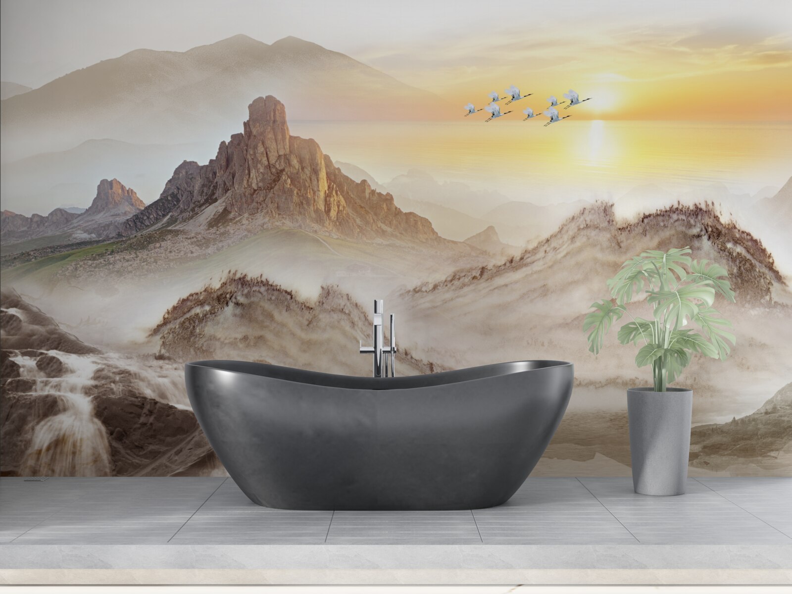 Papier peint coucher de soleil sous les montagnes en passant avec les grues