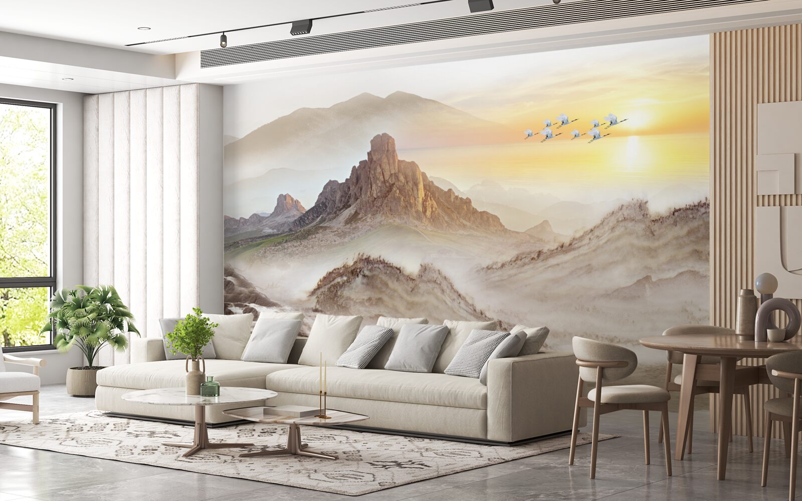 Papier peint coucher de soleil sous les montagnes en passant avec les grues