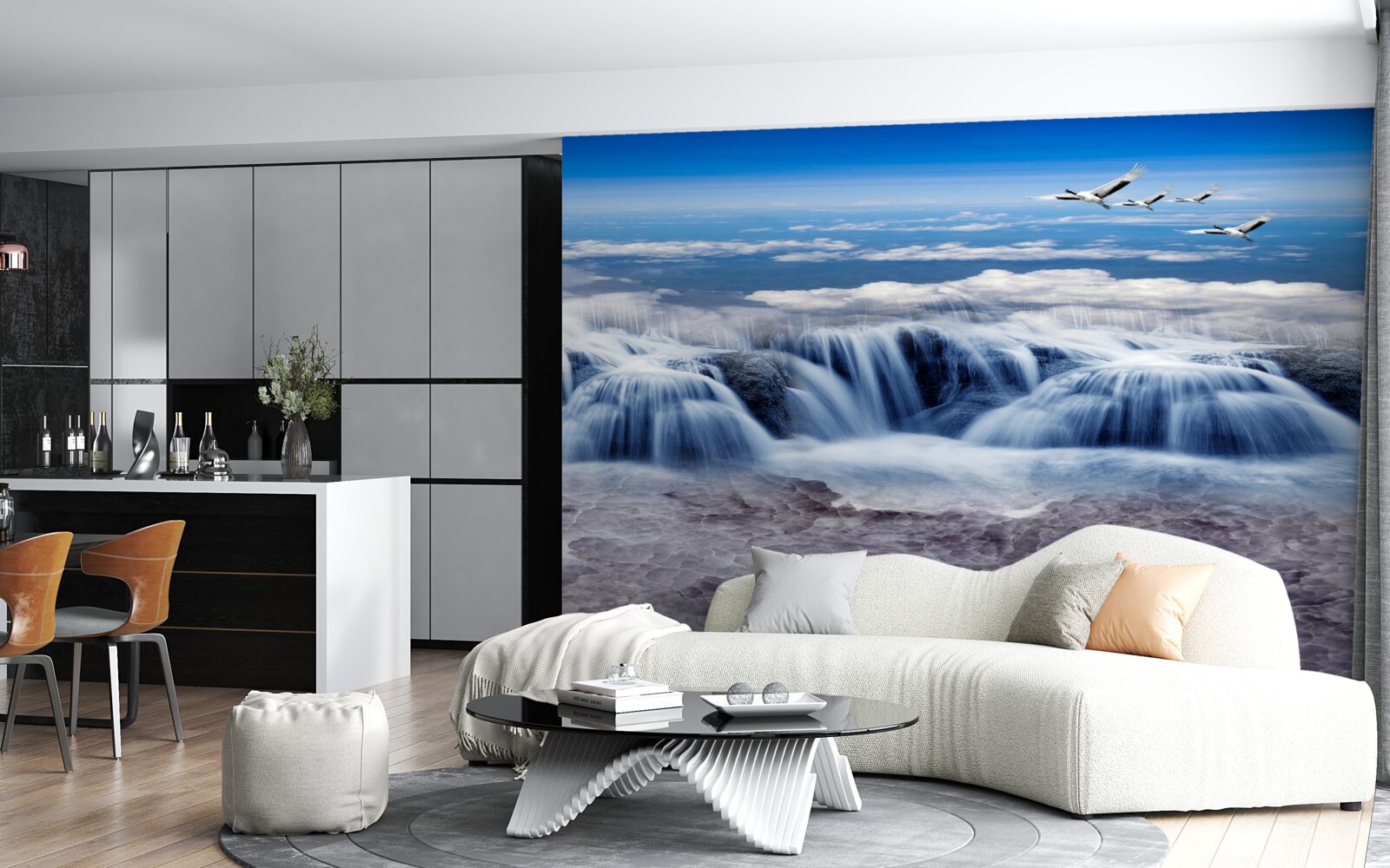 Papier peint une chute d'eau sur laquelle planent des oiseaux