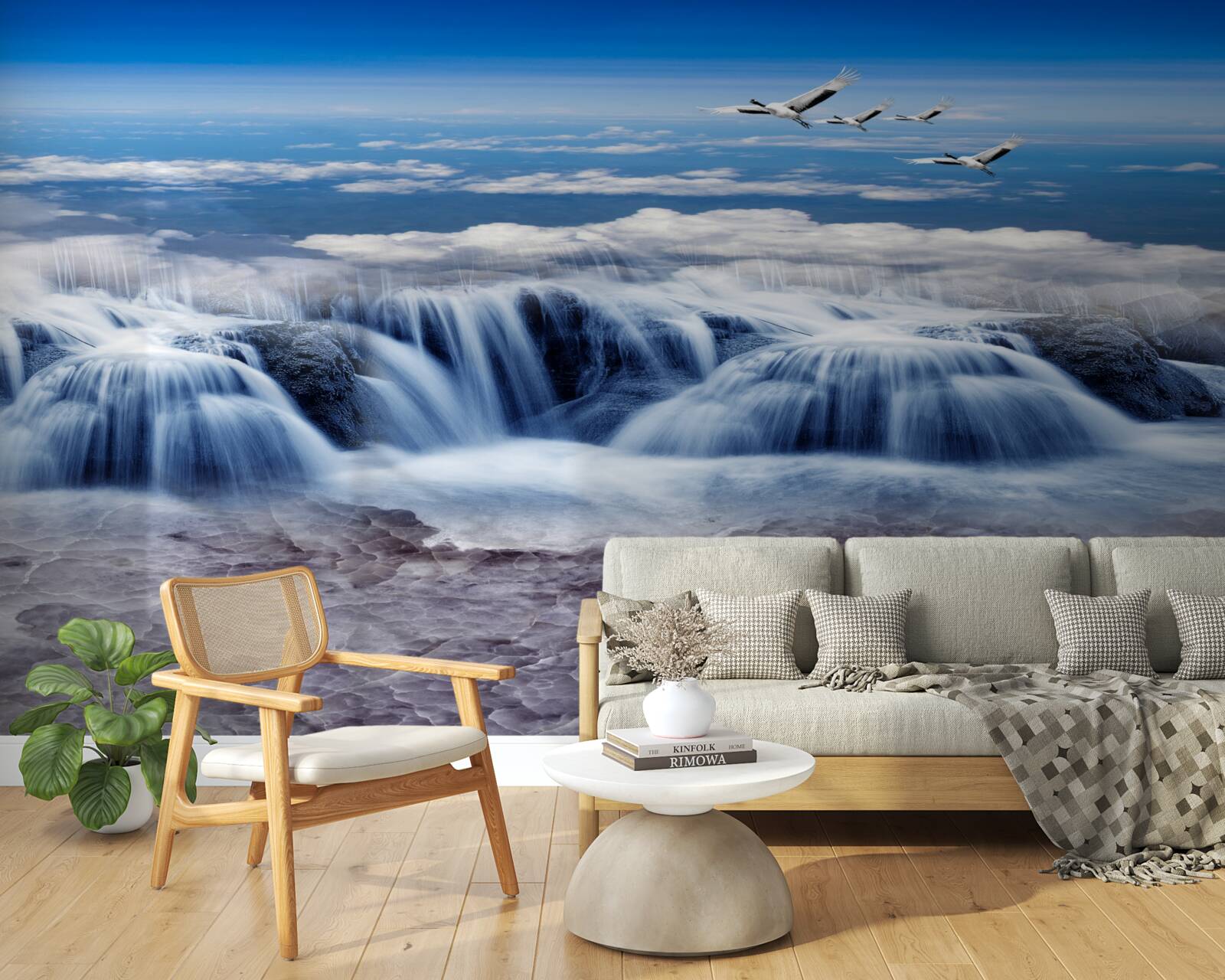 Papier peint une chute d'eau sur laquelle planent des oiseaux