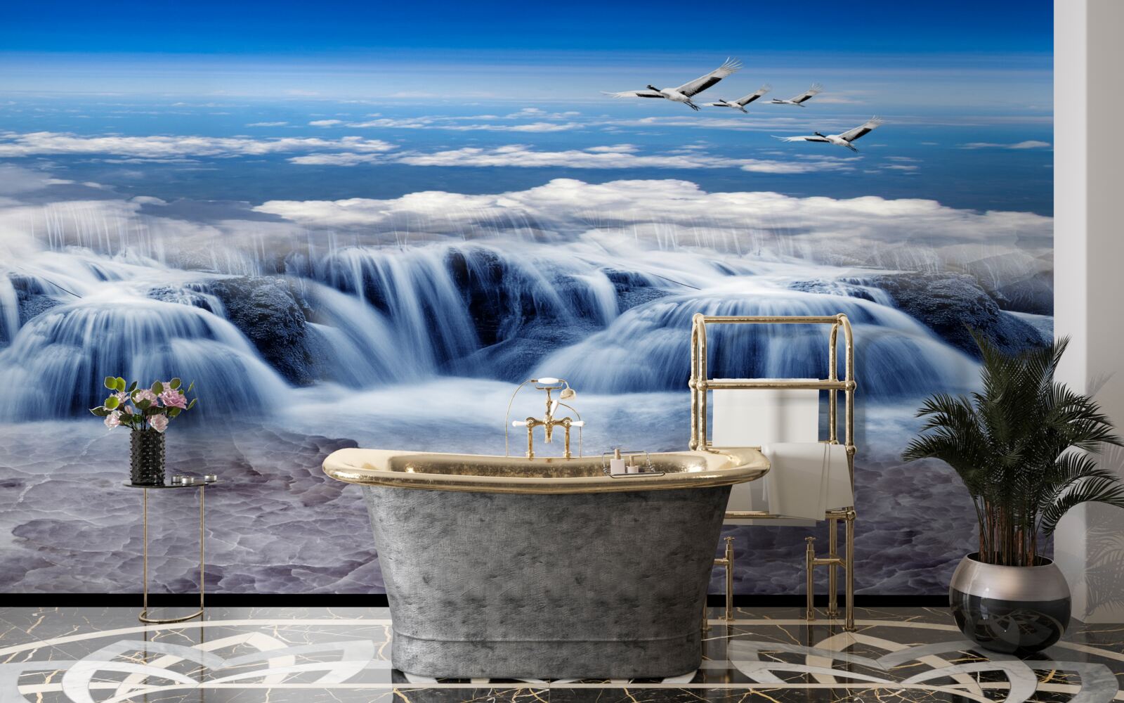 Papier peint une chute d'eau sur laquelle planent des oiseaux