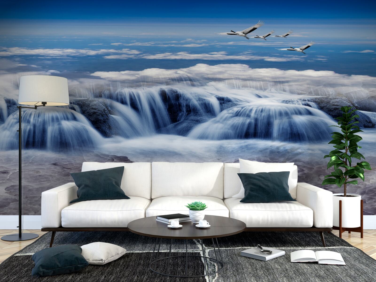 Papier peint une chute d'eau sur laquelle planent des oiseaux