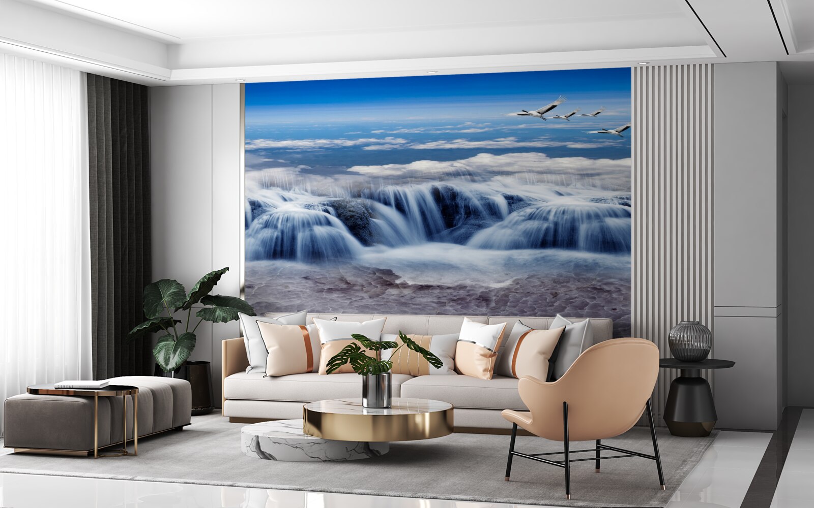 Papier peint une chute d'eau sur laquelle planent des oiseaux