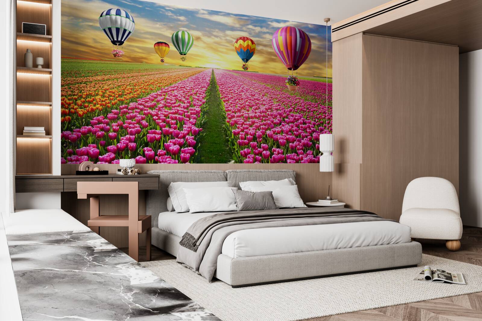 Papier peint boules s'élevant au-dessus d'un champ de tulipes