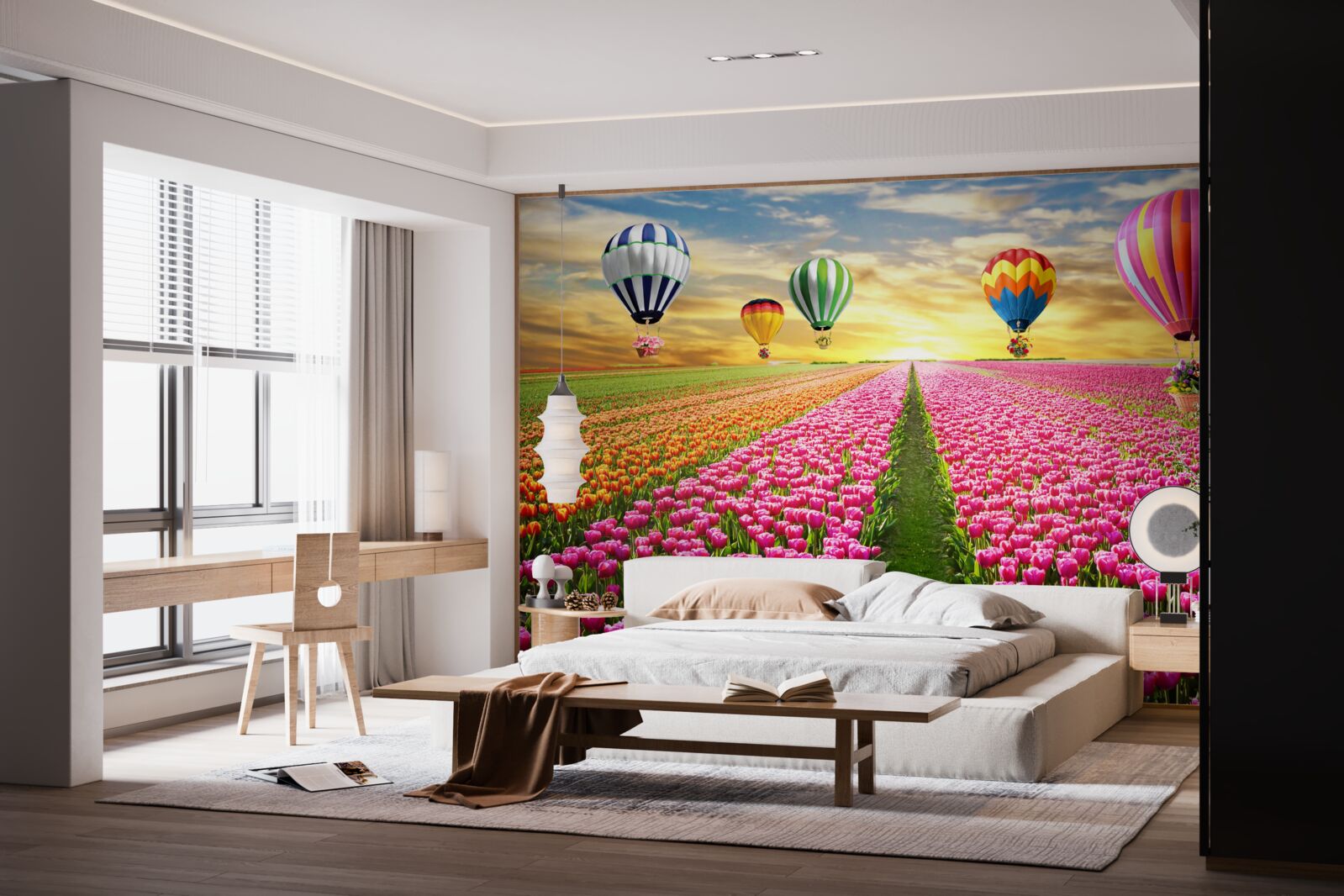 Papier peint boules s'élevant au-dessus d'un champ de tulipes