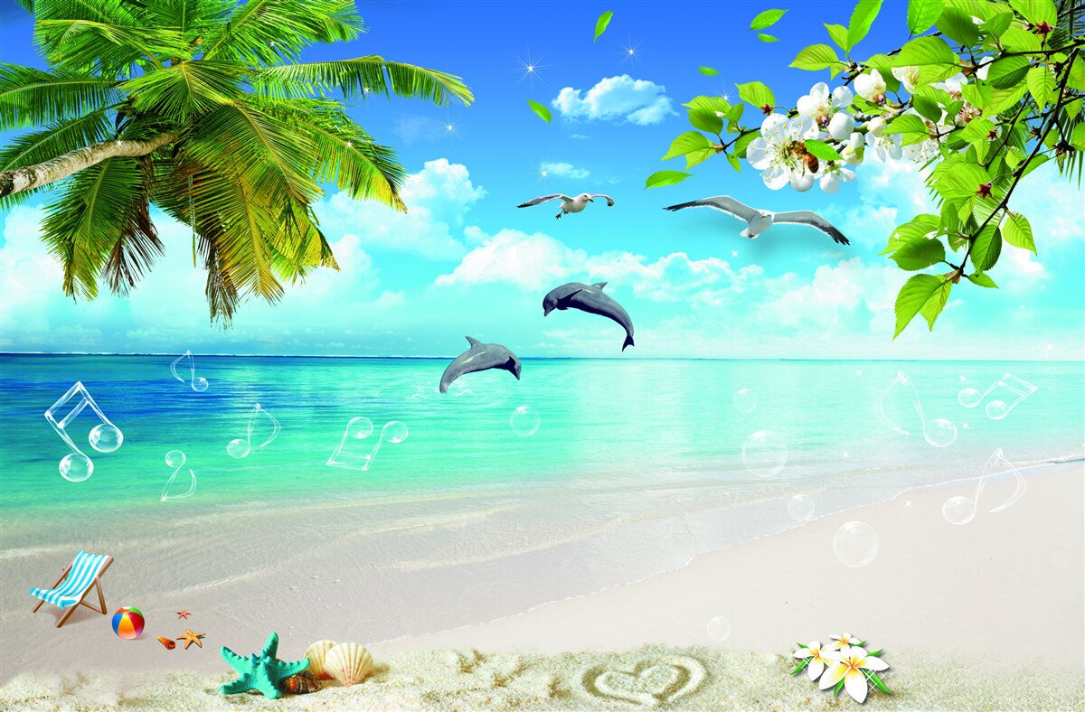 Papier peint mouettes et dauphins au bord de l'océan