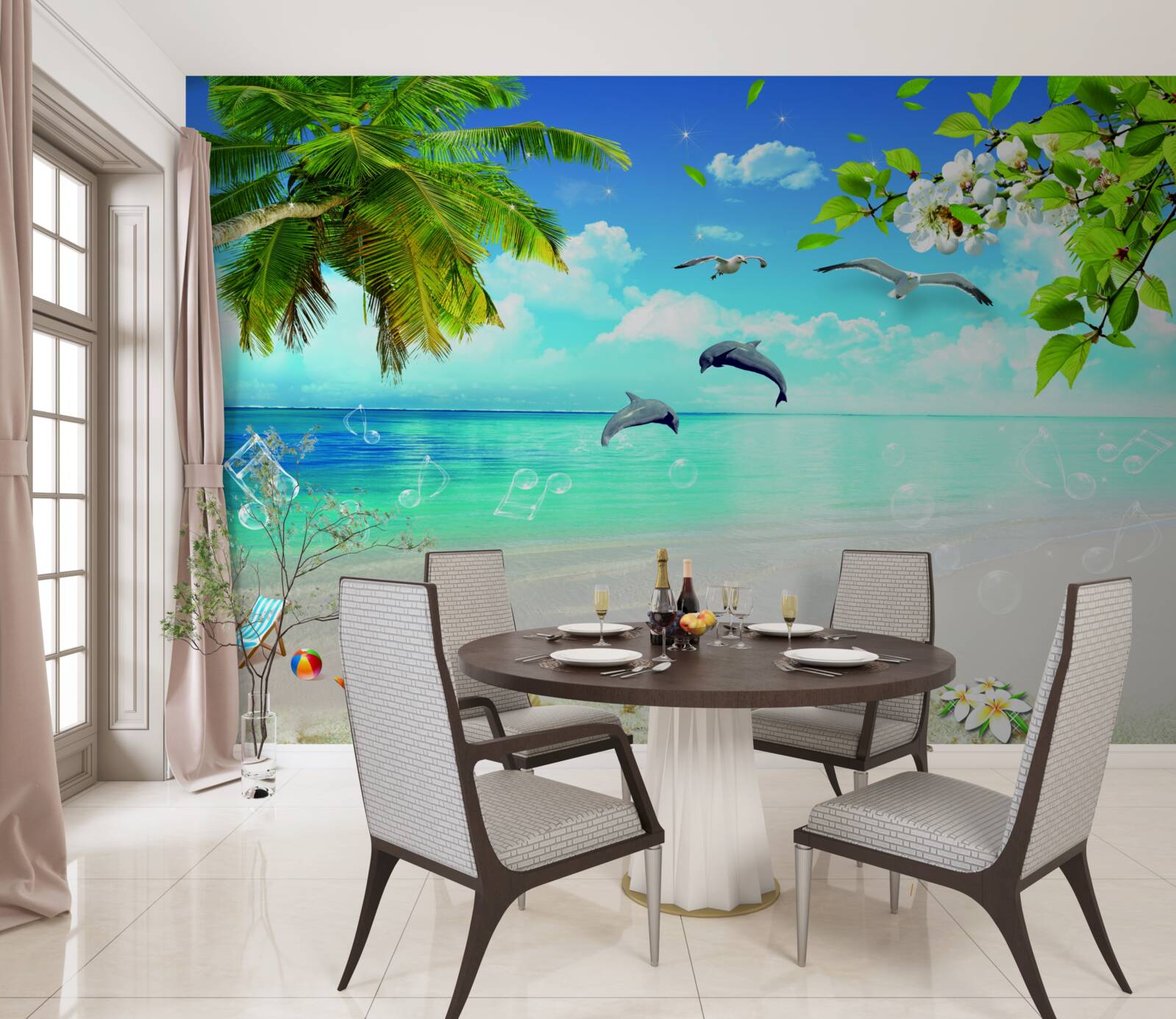 Papier peint mouettes et dauphins au bord de l'océan