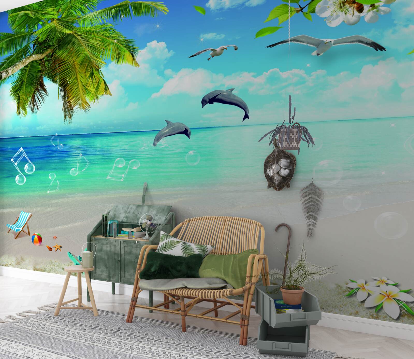Papier peint mouettes et dauphins au bord de l'océan