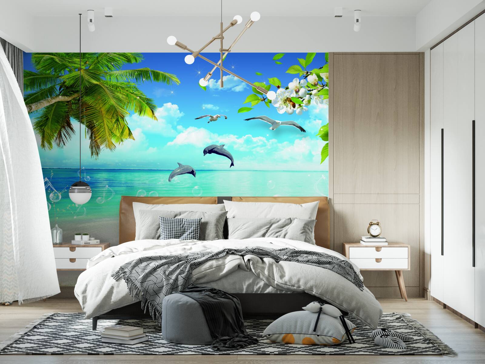 Papier peint mouettes et dauphins au bord de l'océan
