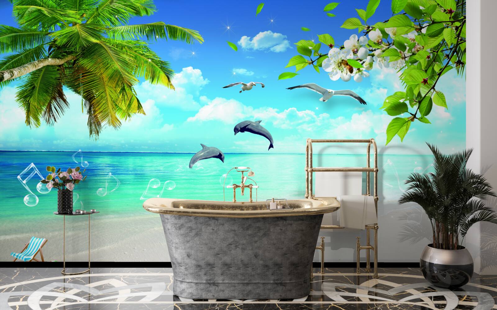 Papier peint mouettes et dauphins au bord de l'océan