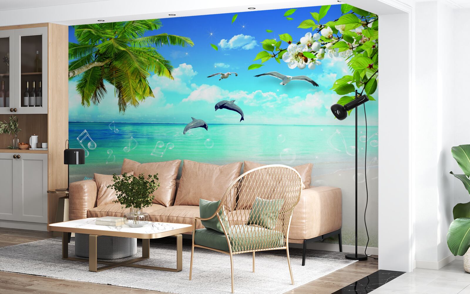 Papier peint mouettes et dauphins au bord de l'océan