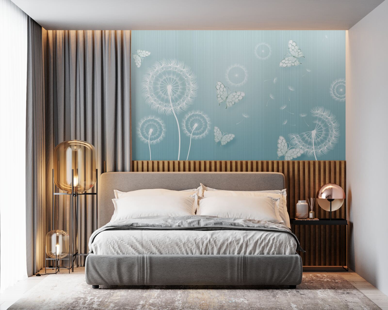 Papier peint système de papillons et pissenlits