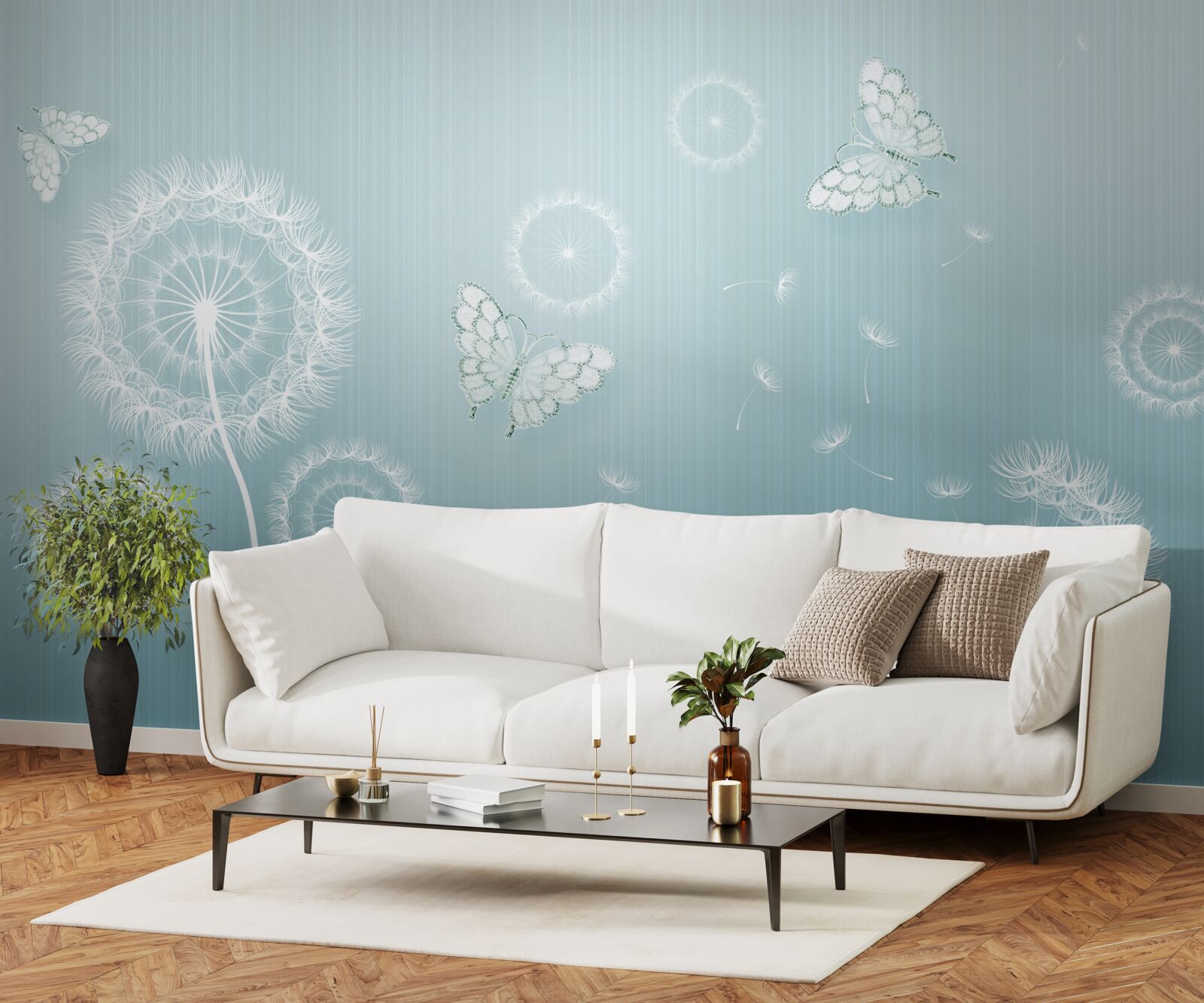 Papier peint système de papillons et pissenlits