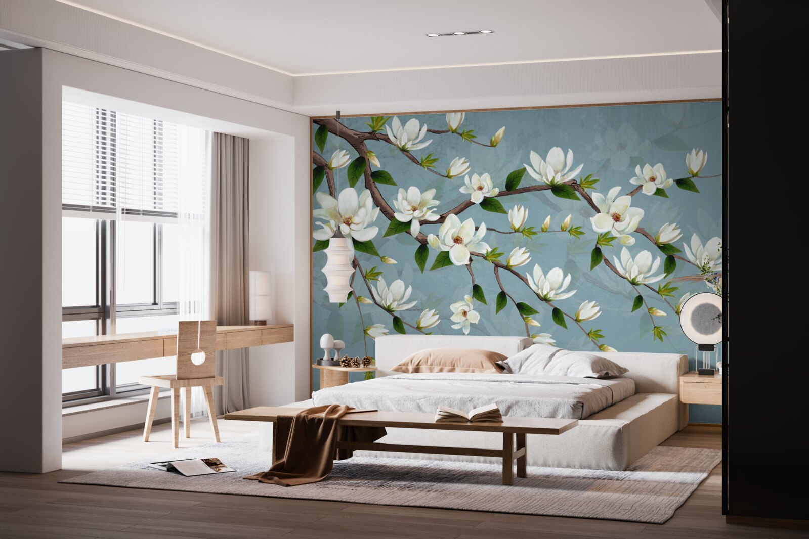 Papier peint La créature avec des ailes s'approche des bourgeons de lumière