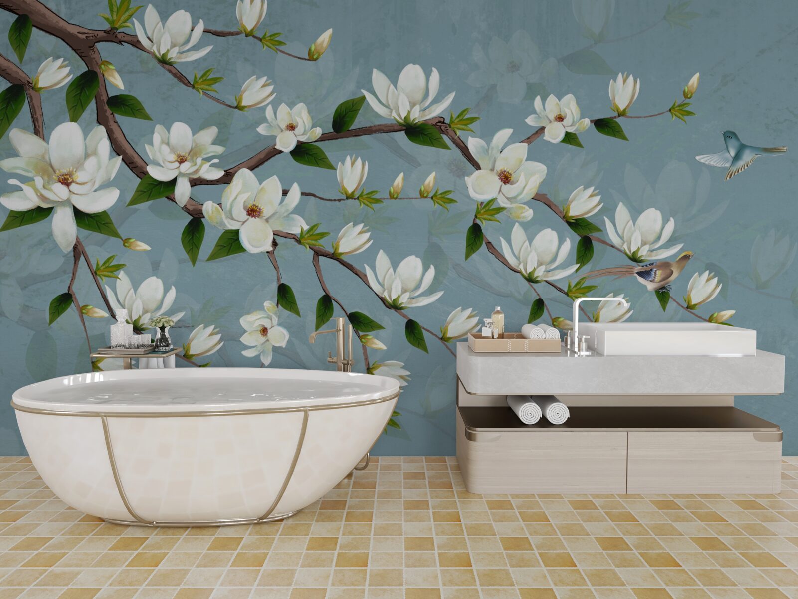 Papier peint La créature avec des ailes s'approche des bourgeons de lumière