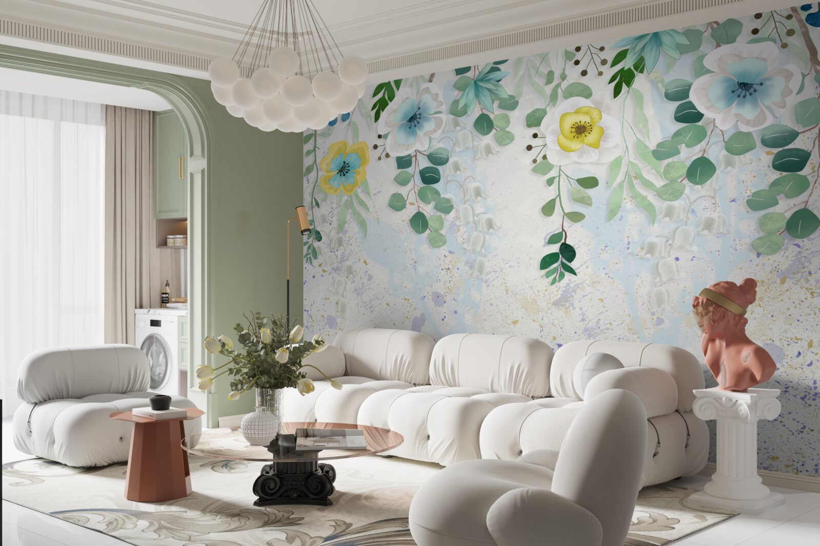 Papier peint des lianes de fleurs aux couleurs délicates