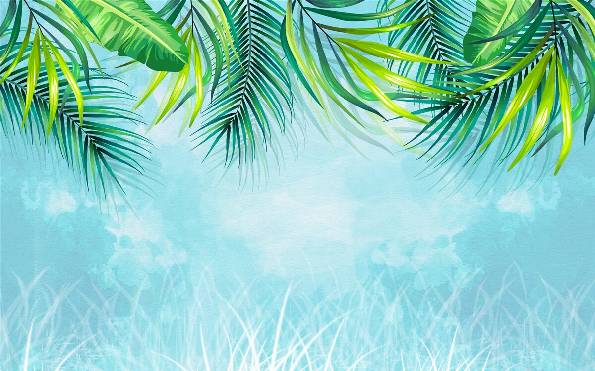 Papier peint feuilles tropicales sur fond de ciel bleu