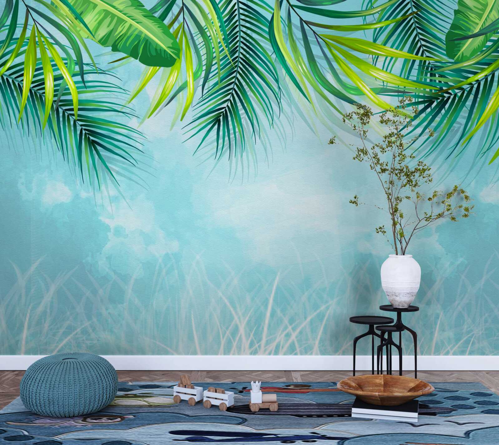 Papier peint feuilles tropicales sur fond de ciel bleu