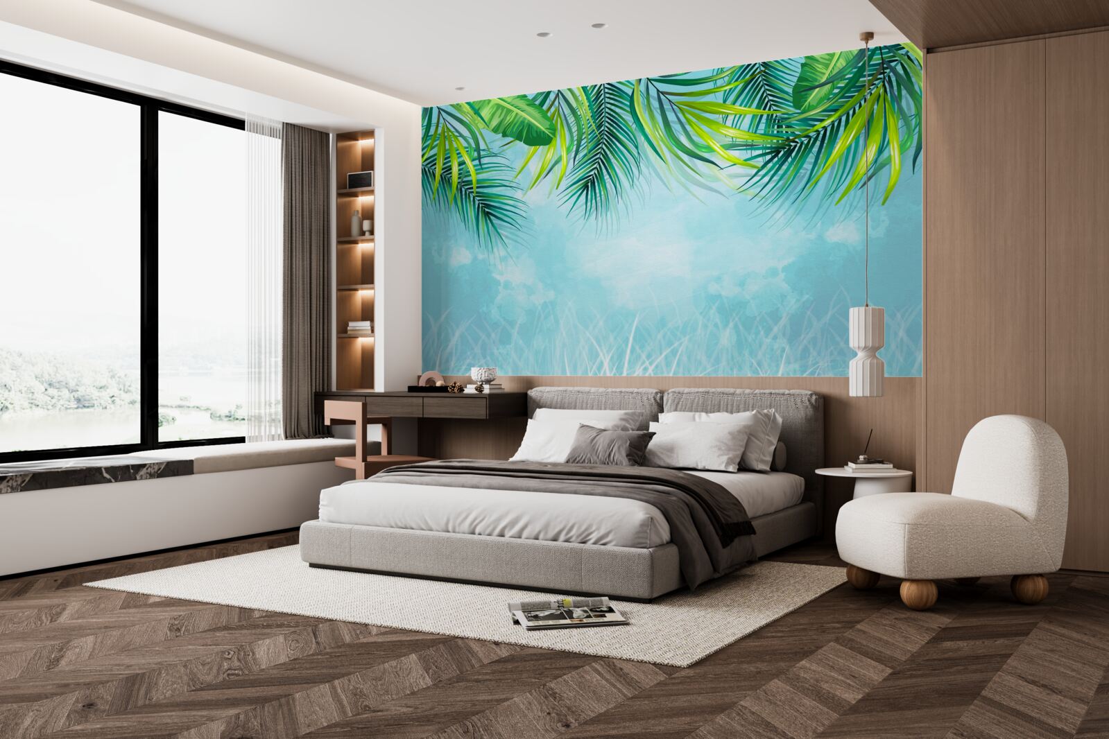 Papier peint feuilles tropicales sur fond de ciel bleu