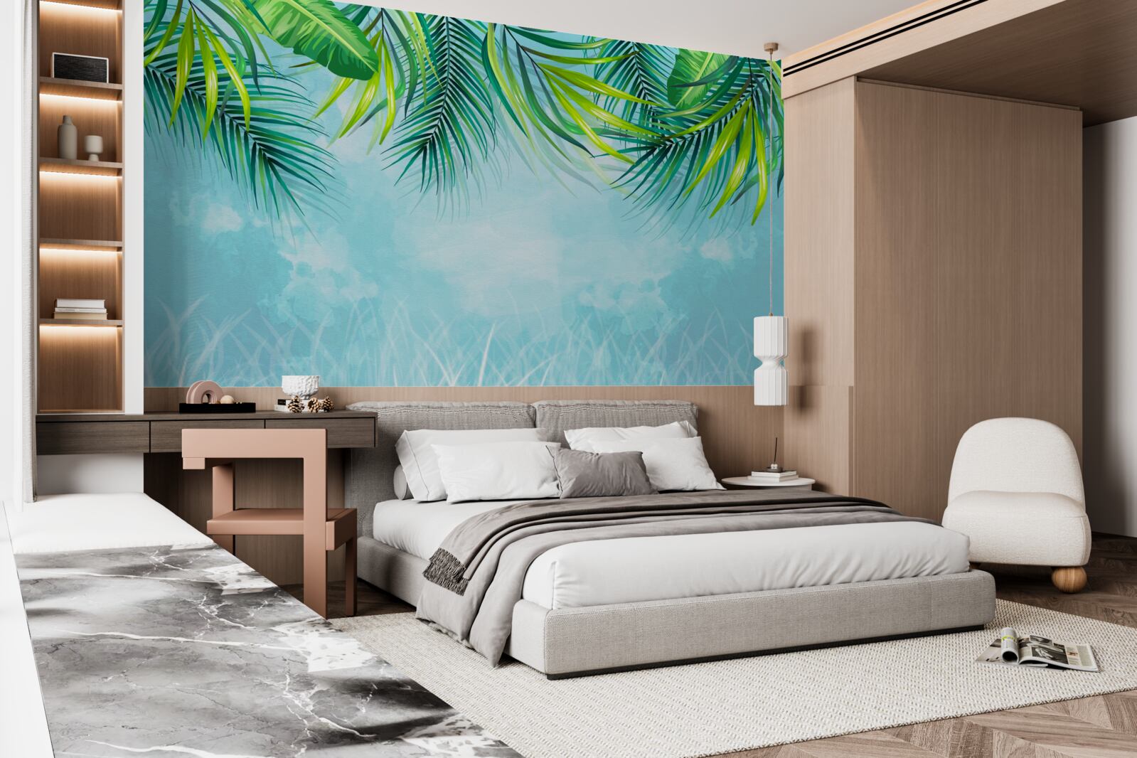 Papier peint feuilles tropicales sur fond de ciel bleu