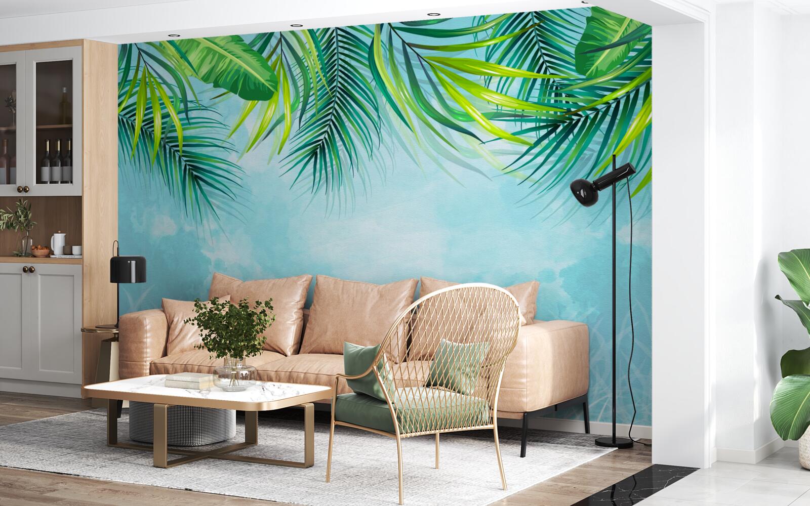 Papier peint feuilles tropicales sur fond de ciel bleu