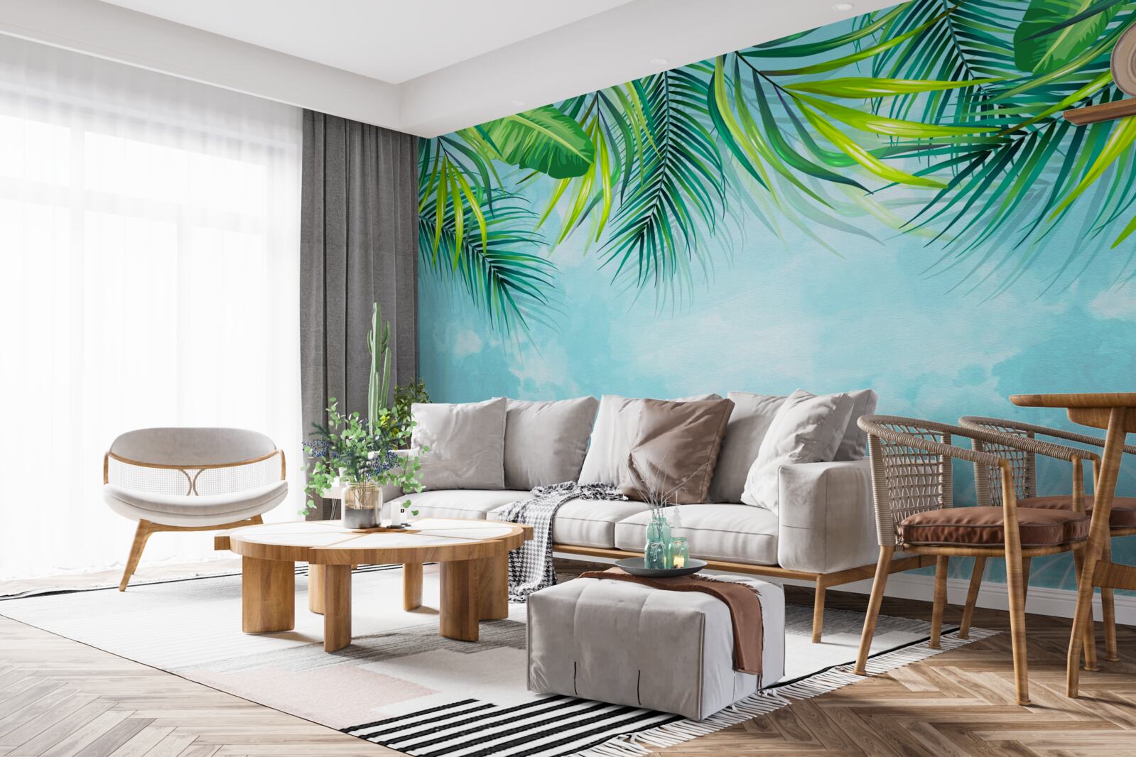 Papier peint feuilles tropicales sur fond de ciel bleu