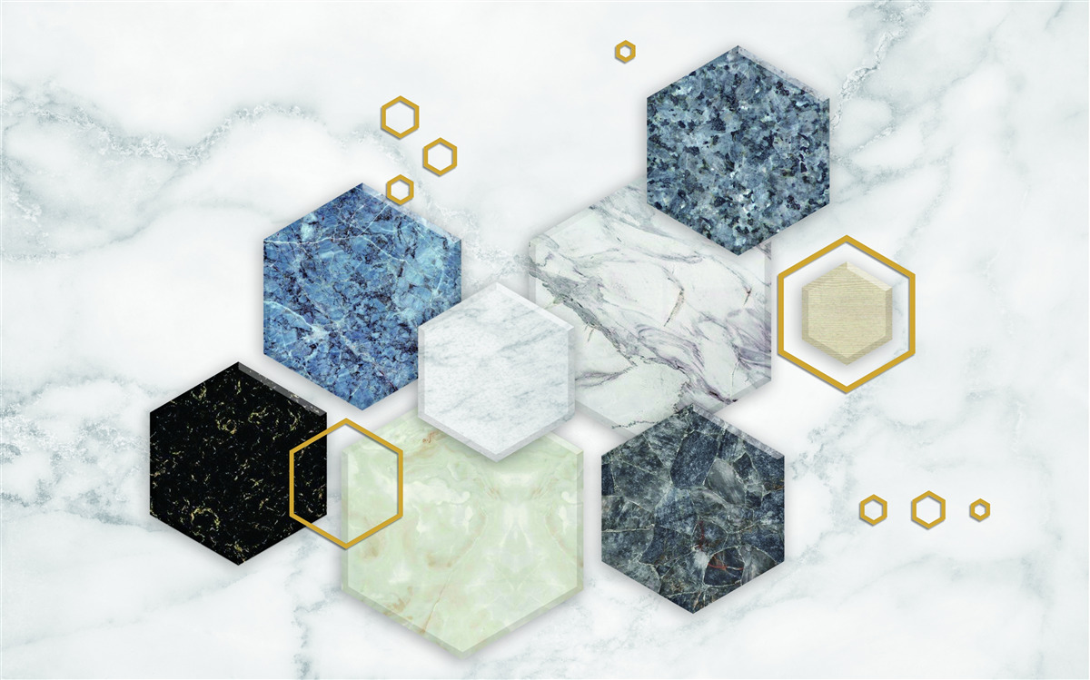 Papier peint mosaïques pentagonales sur fond de marbre blanc
