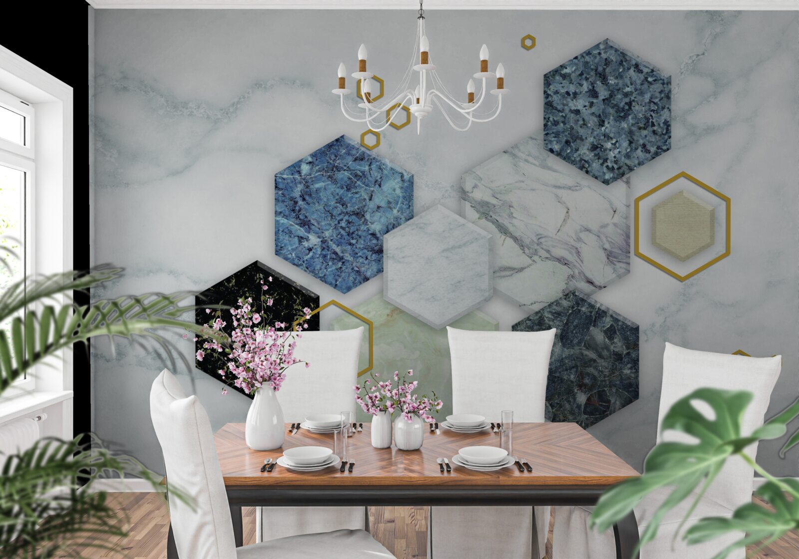 Papier peint mosaïques pentagonales sur fond de marbre blanc