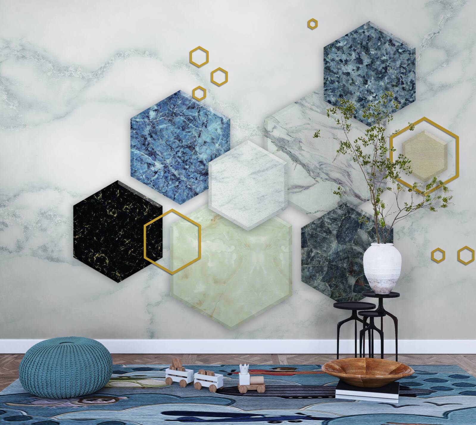 Papier peint mosaïques pentagonales sur fond de marbre blanc