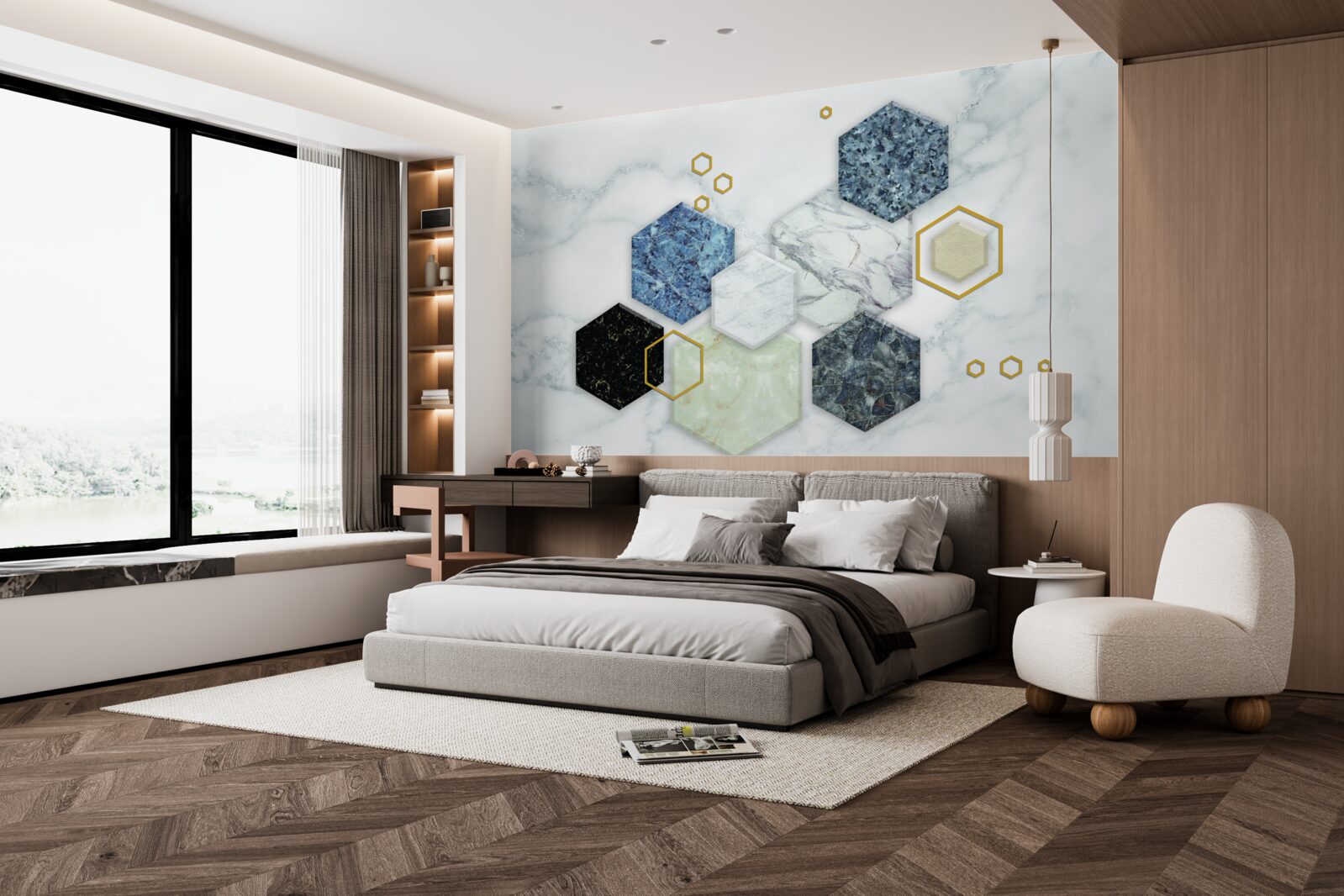 Papier peint mosaïques pentagonales sur fond de marbre blanc