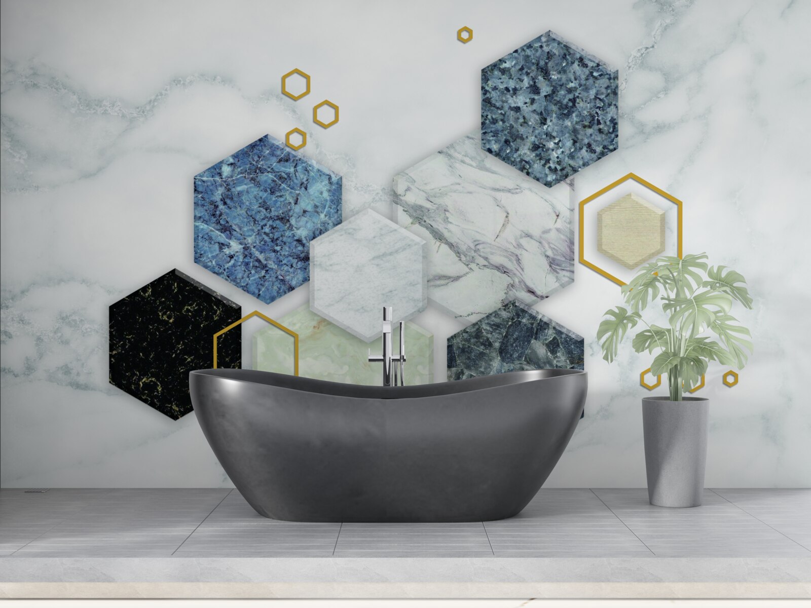 Papier peint mosaïques pentagonales sur fond de marbre blanc