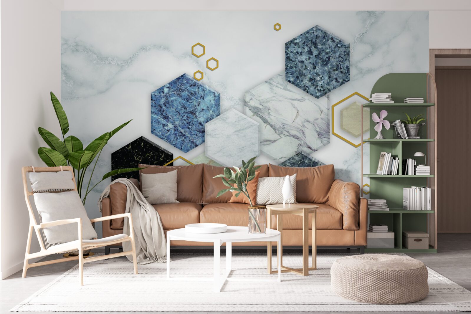 Papier peint mosaïques pentagonales sur fond de marbre blanc