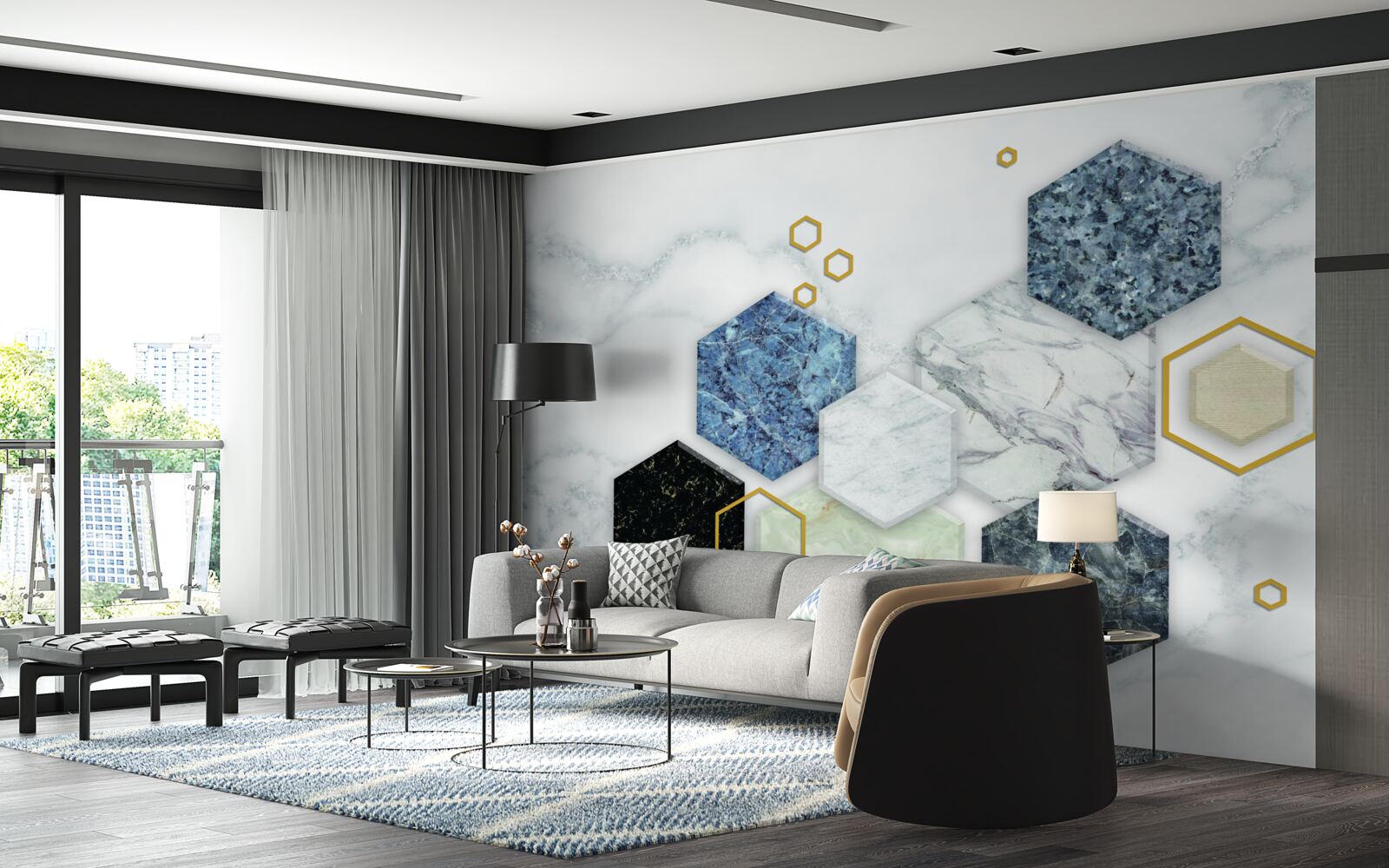 Papier peint mosaïques pentagonales sur fond de marbre blanc