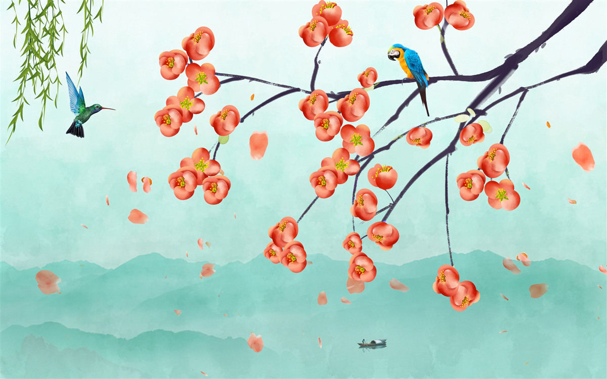 Papier peint Les montagnes entourent la beauté des cerisiers japonais en fleurs