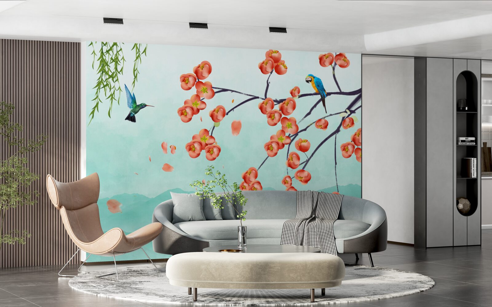 Papier peint Les montagnes entourent la beauté des cerisiers japonais en fleurs