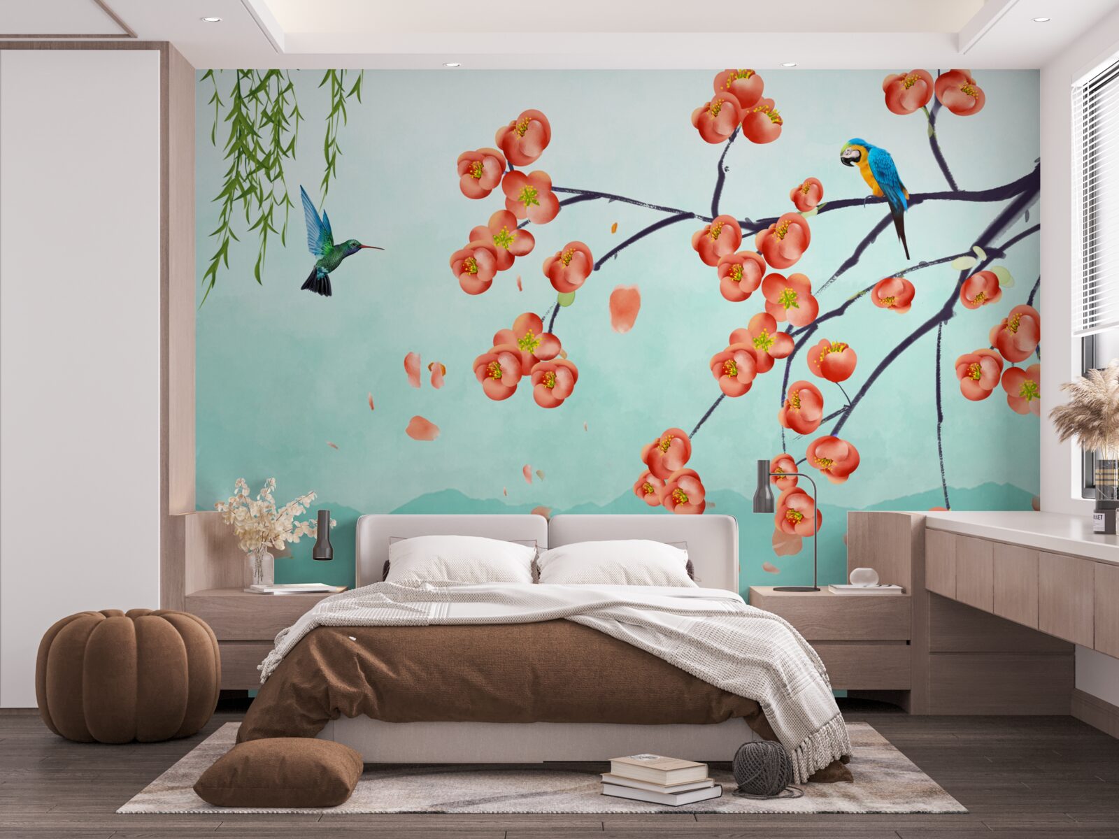 Papier peint Les montagnes entourent la beauté des cerisiers japonais en fleurs