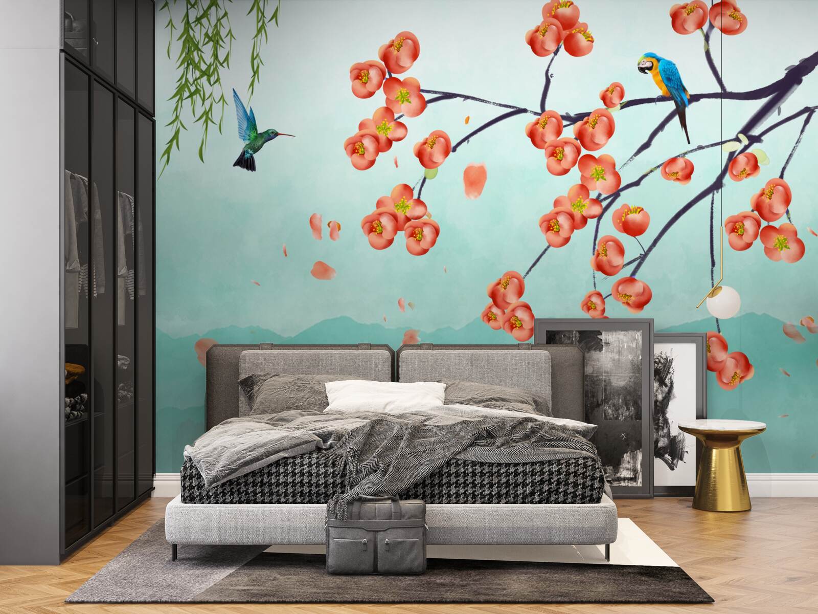 Papier peint Les montagnes entourent la beauté des cerisiers japonais en fleurs