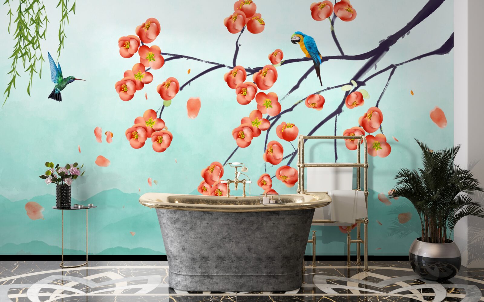 Papier peint Les montagnes entourent la beauté des cerisiers japonais en fleurs