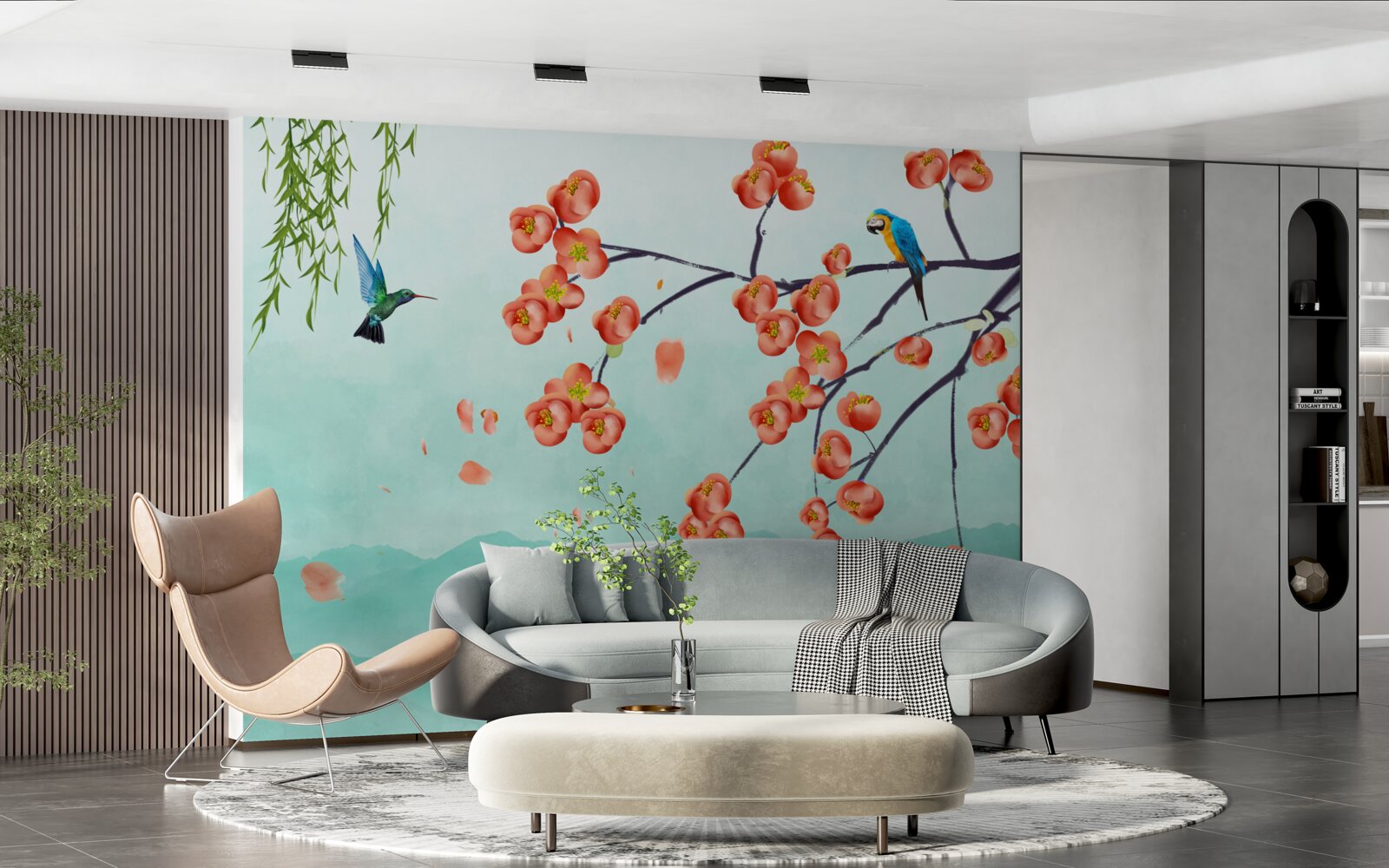 Papier peint Les montagnes entourent la beauté des cerisiers japonais en fleurs