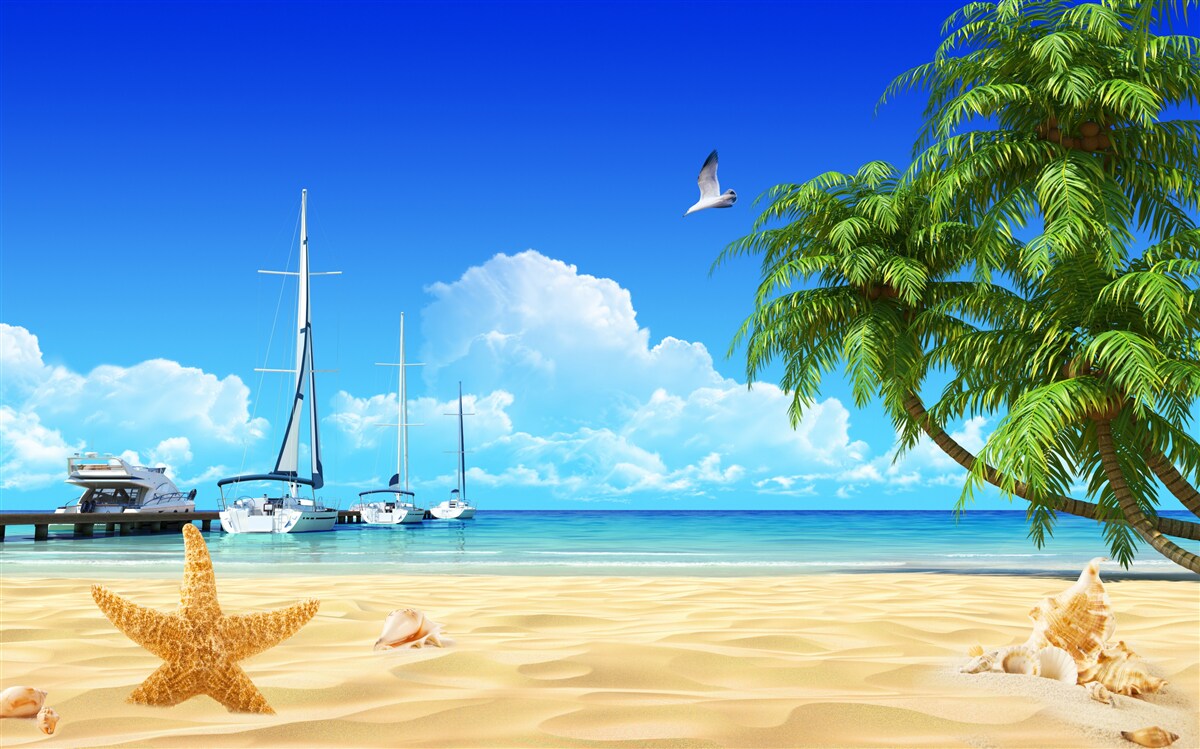 Papier peint les bateaux se tiennent sur la jetée, sur le rivage sablonneux