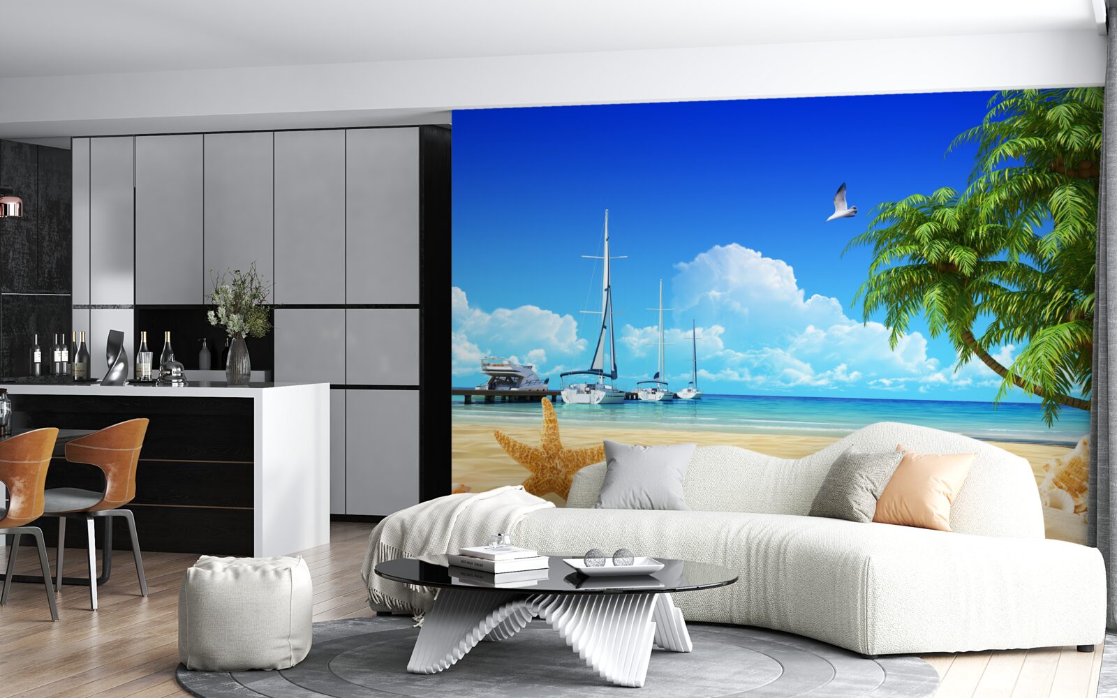 Papier peint les bateaux se tiennent sur la jetée, sur le rivage sablonneux