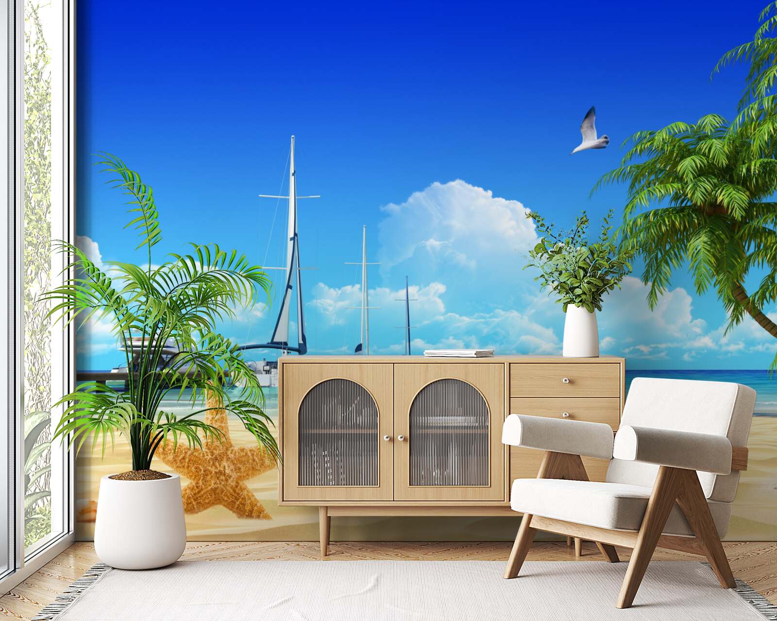 Papier peint les bateaux se tiennent sur la jetée, sur le rivage sablonneux