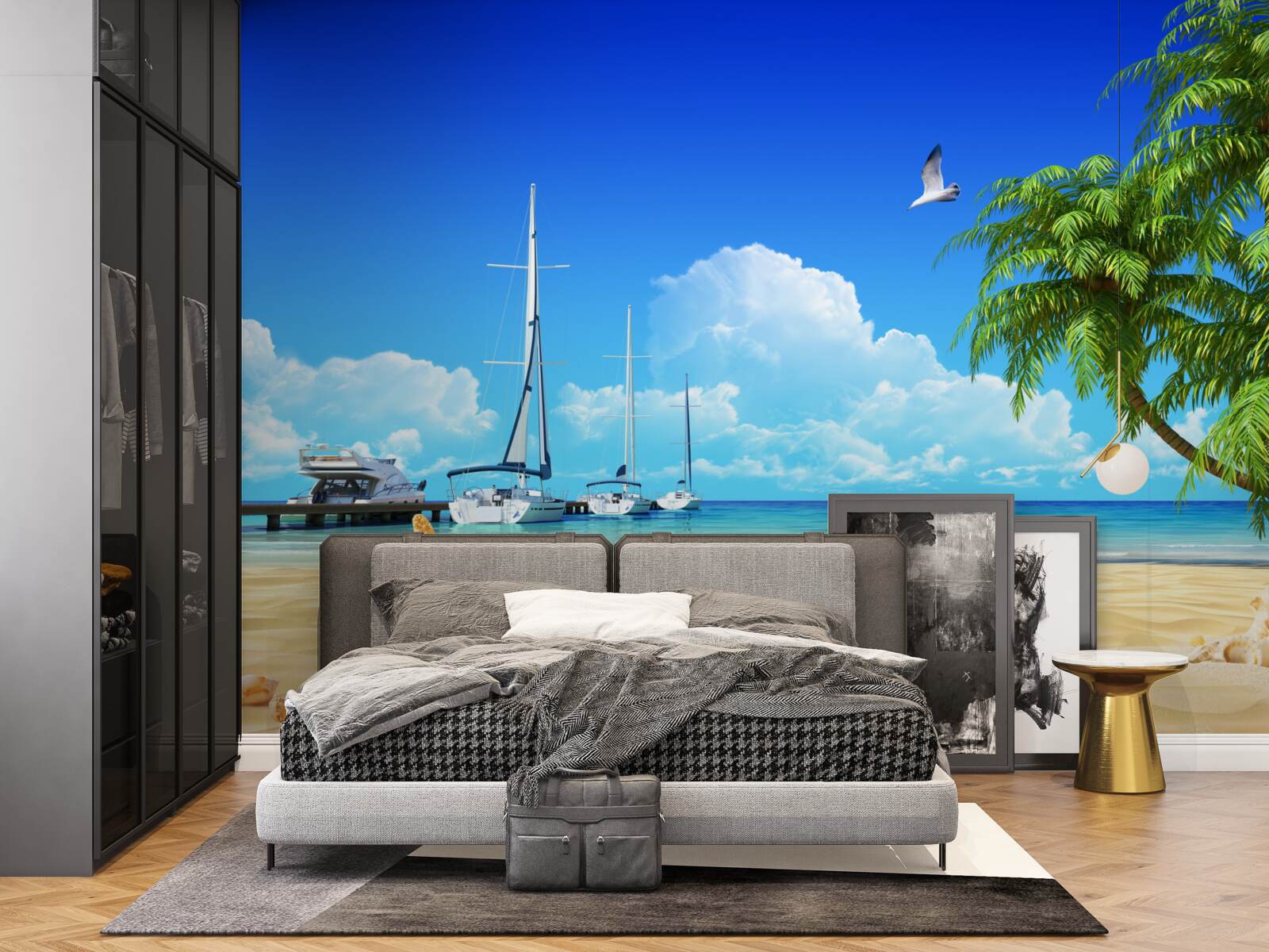 Papier peint les bateaux se tiennent sur la jetée, sur le rivage sablonneux