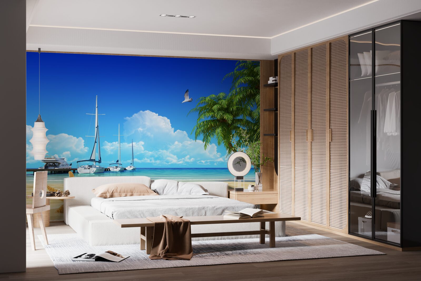 Papier peint les bateaux se tiennent sur la jetée, sur le rivage sablonneux