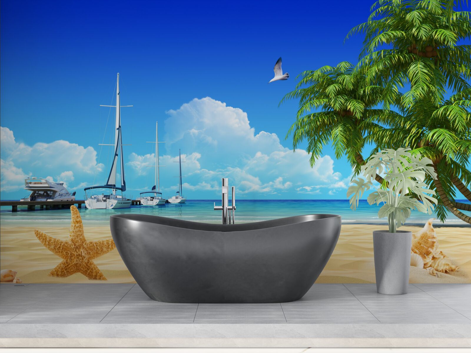 Papier peint les bateaux se tiennent sur la jetée, sur le rivage sablonneux