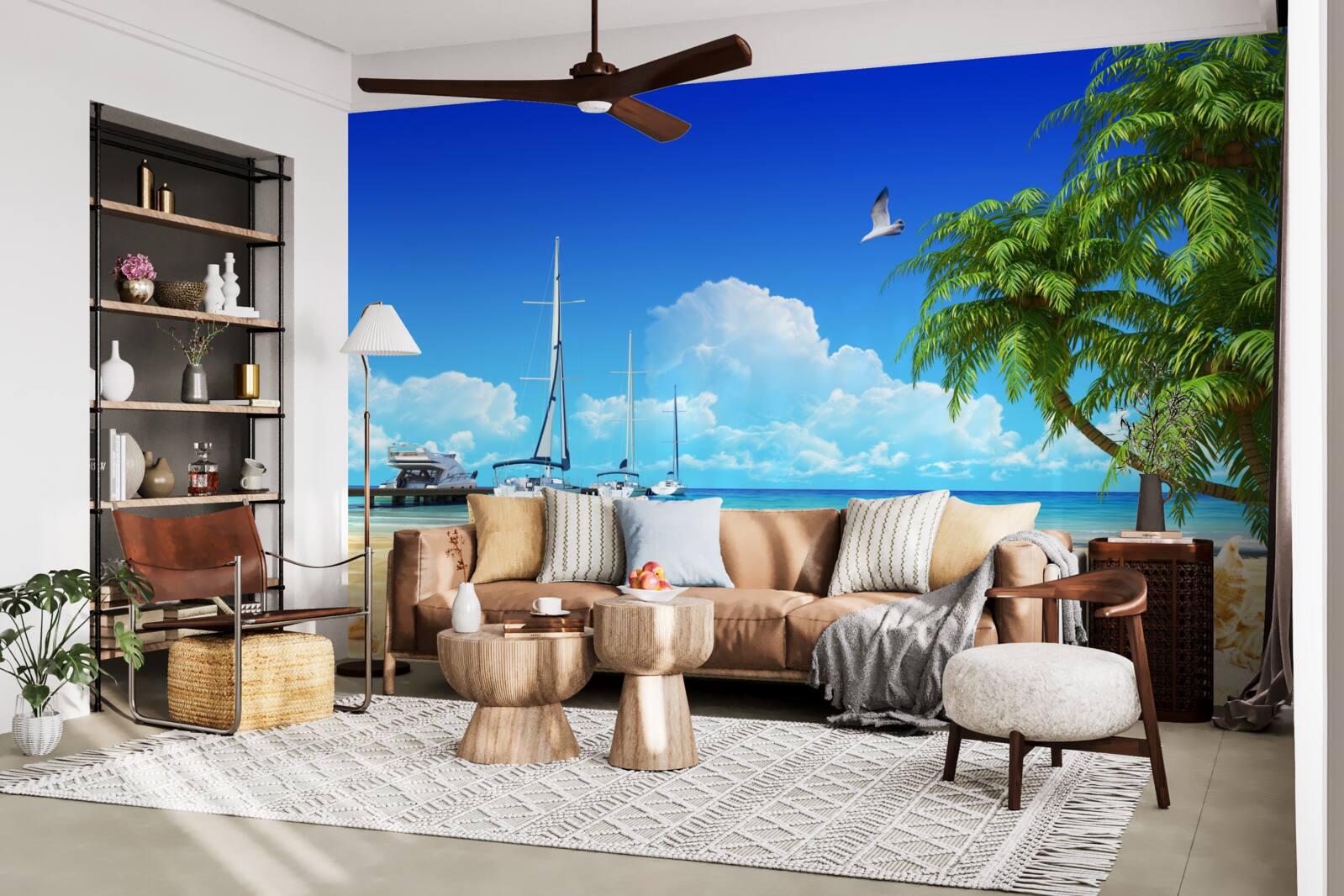 Papier peint les bateaux se tiennent sur la jetée, sur le rivage sablonneux