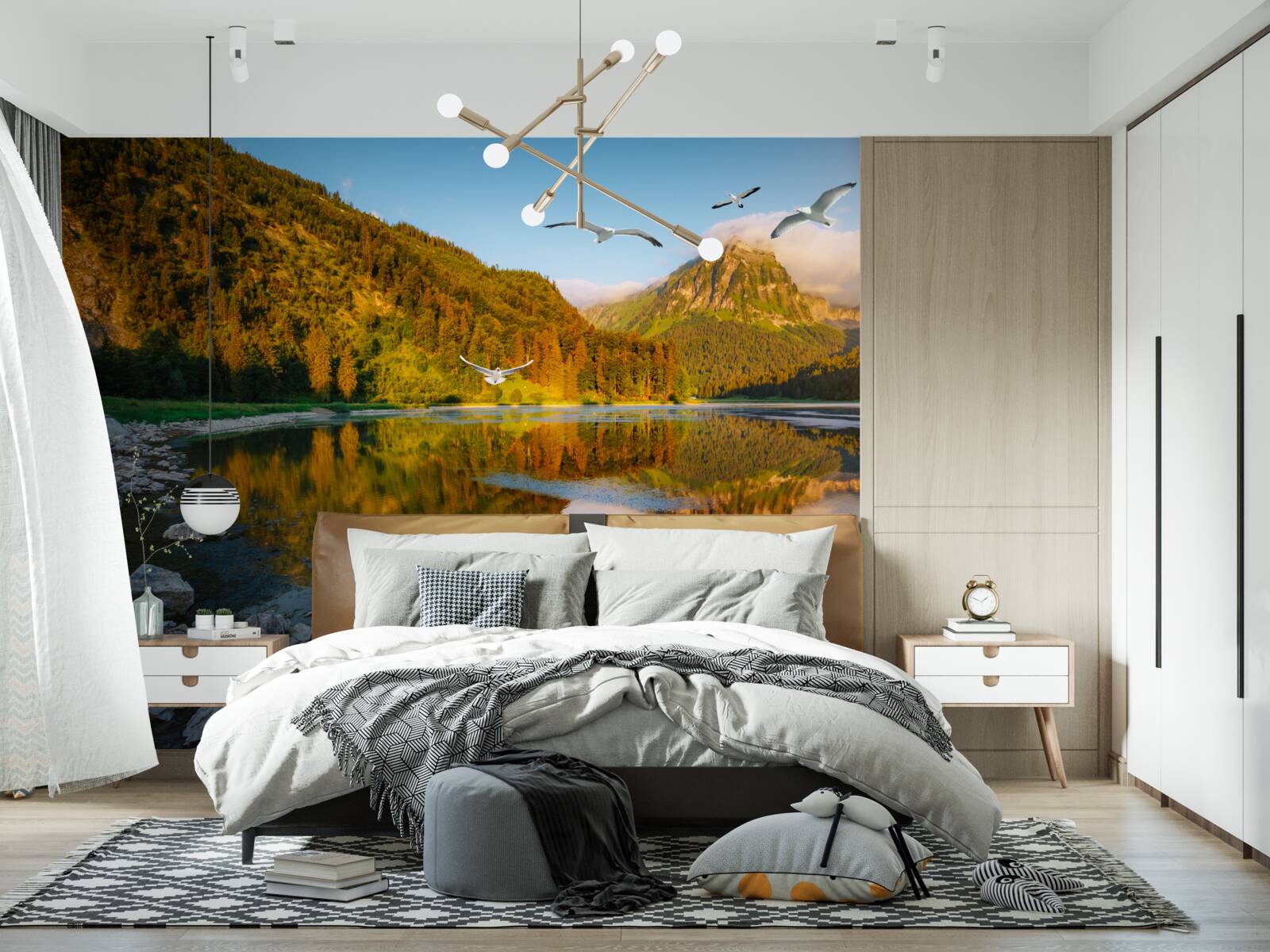 Papier peint oiseaux volant au-dessus des eaux de montagne