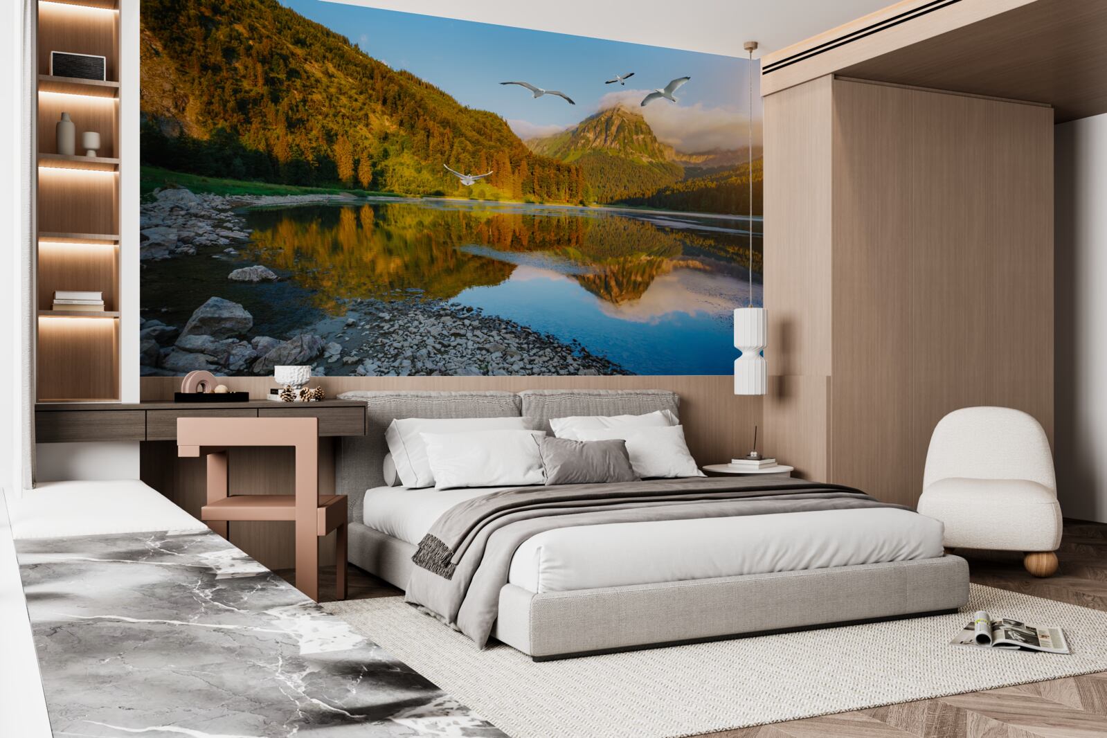 Papier peint oiseaux volant au-dessus des eaux de montagne